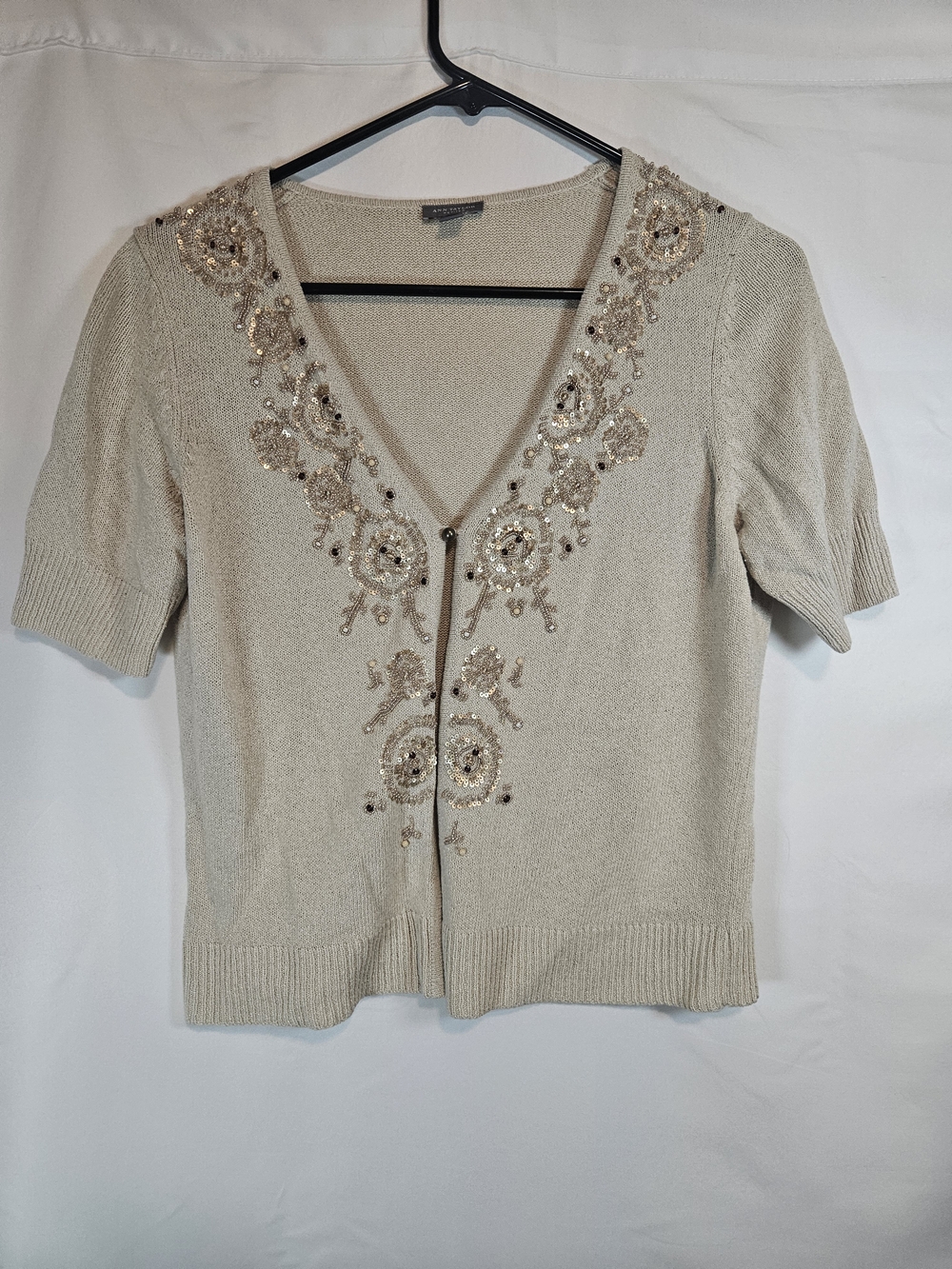 Ann Taylor Beige Embellished Silk Blend V-Neck Short Sleeve Sweater